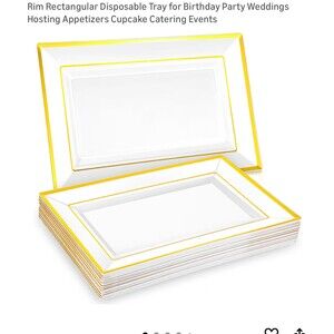 24 PCS Plastic Party Serving Trays and Platters White Gold Rim Rectangular 8x12